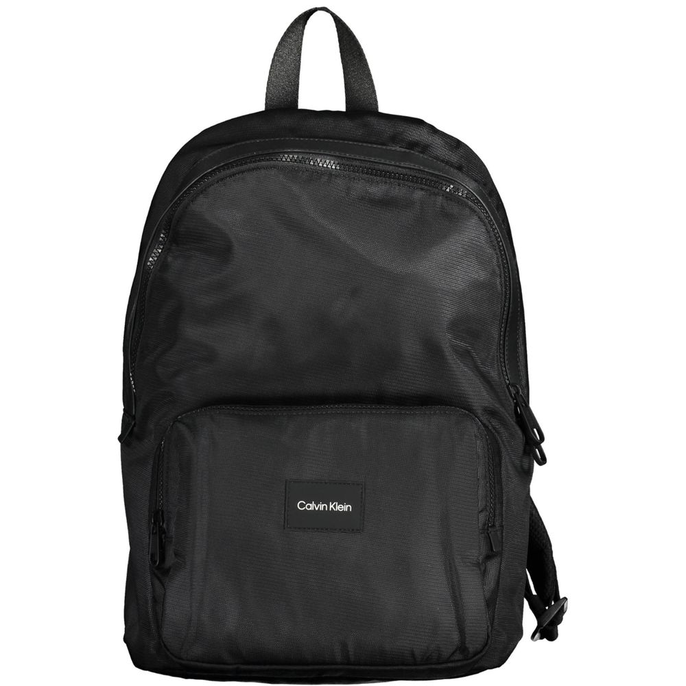 Calvin Klein Black Polyester Men Backpack with bold logo, adjustable straps, eco-friendly recycled material, and multiple pockets.
