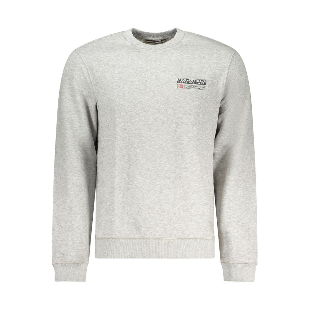 Napapijri Gray Cotton Men Sweater with crew neck and bold logo print, front view showcasing sleek design and regular fit.