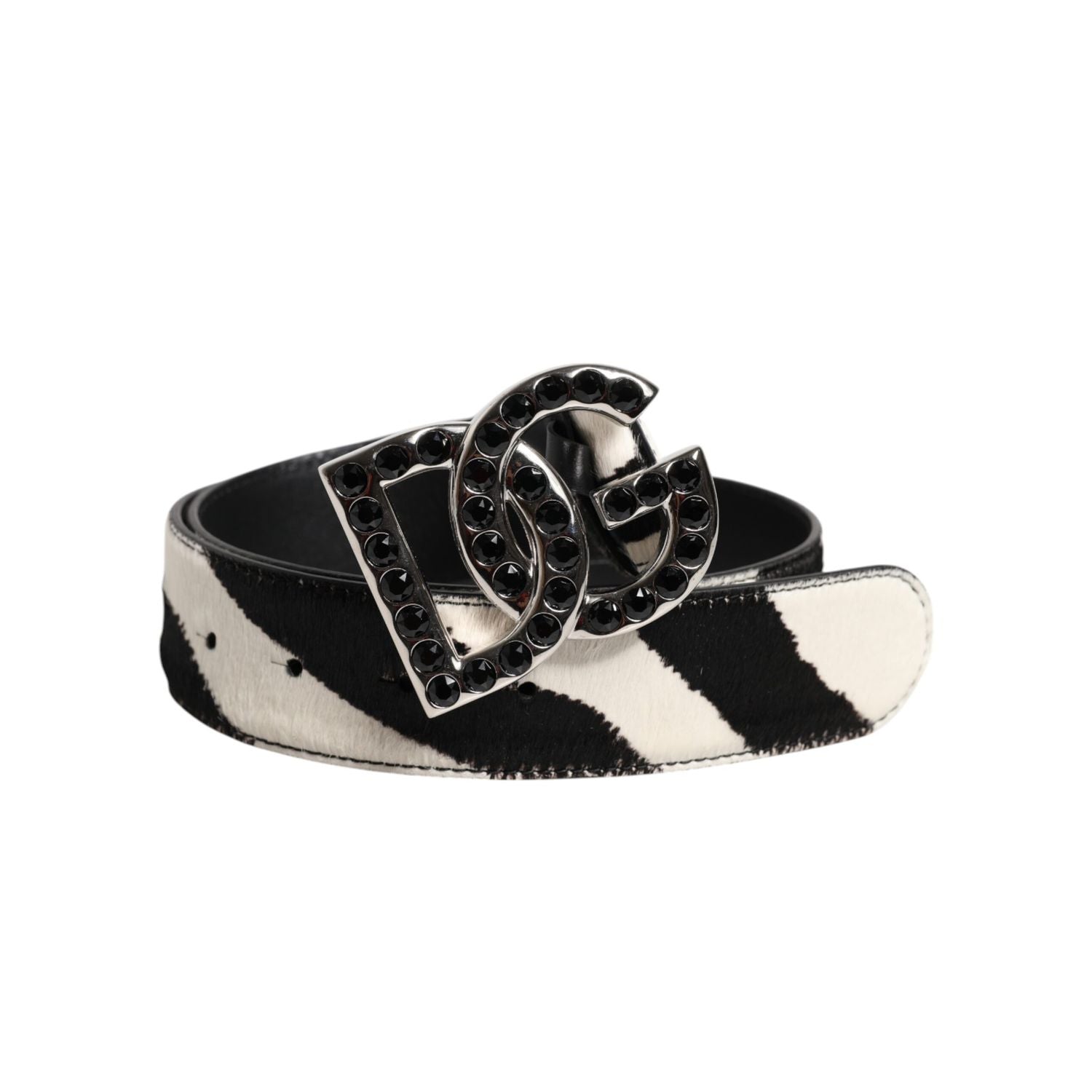 Dolce & Gabbana White Black Leather Zebra DG Crystal Buckle Belt