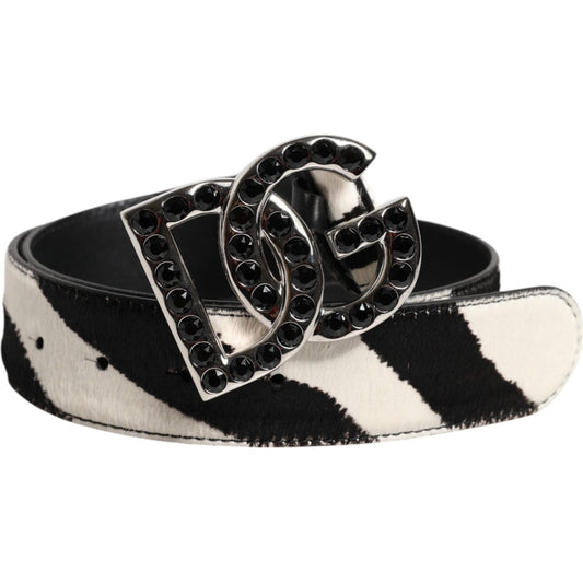 Dolce & Gabbana White Black Leather Zebra DG Crystal Buckle Belt
