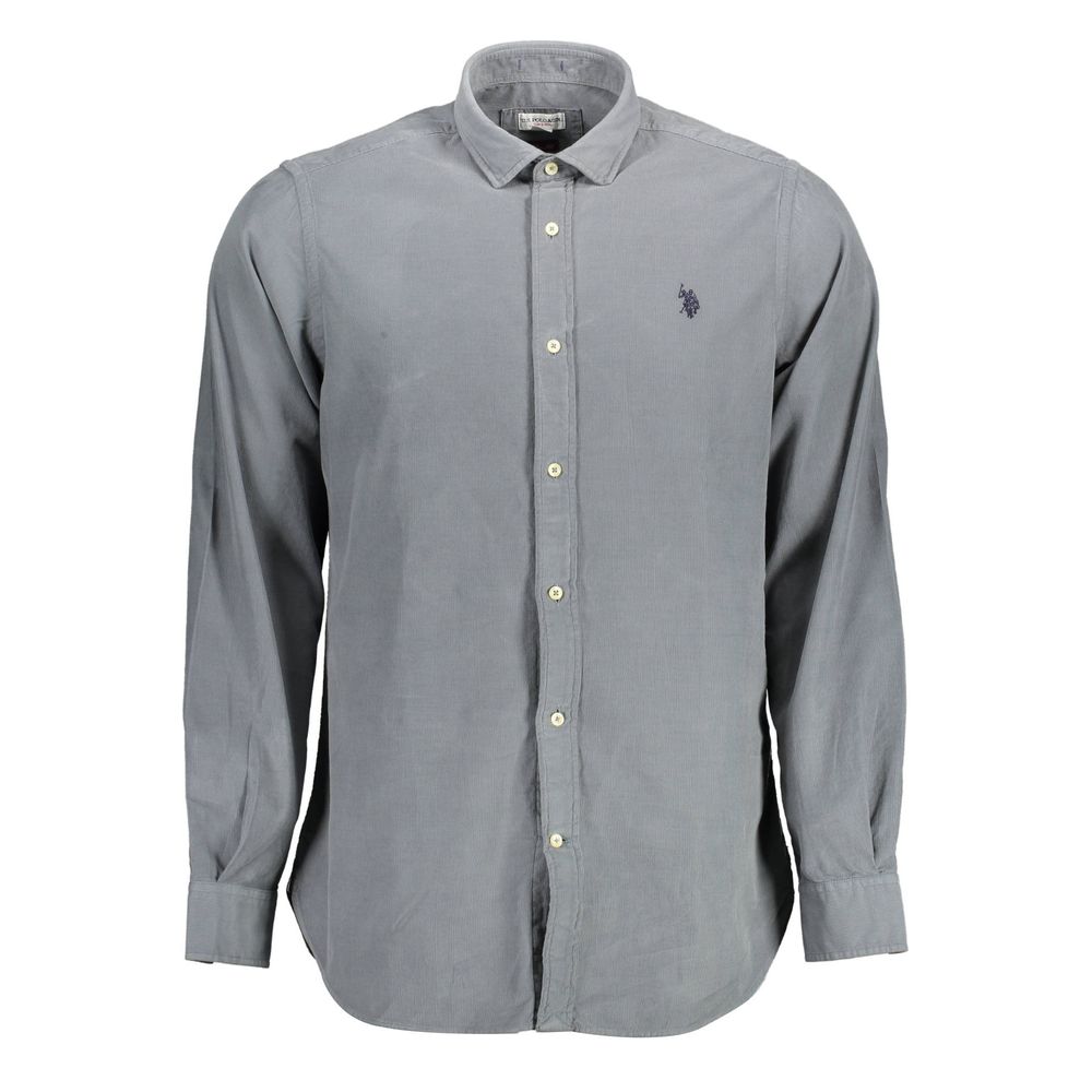 U.S. POLO ASSN. Blue Cotton Men Shirt, slim fit, long sleeve with French collar and single-button cuffs, featuring iconic embroidery.