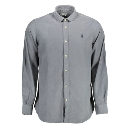 U.S. POLO ASSN. Blue Cotton Men Shirt, slim fit, long sleeve with French collar and single-button cuffs, featuring iconic embroidery.