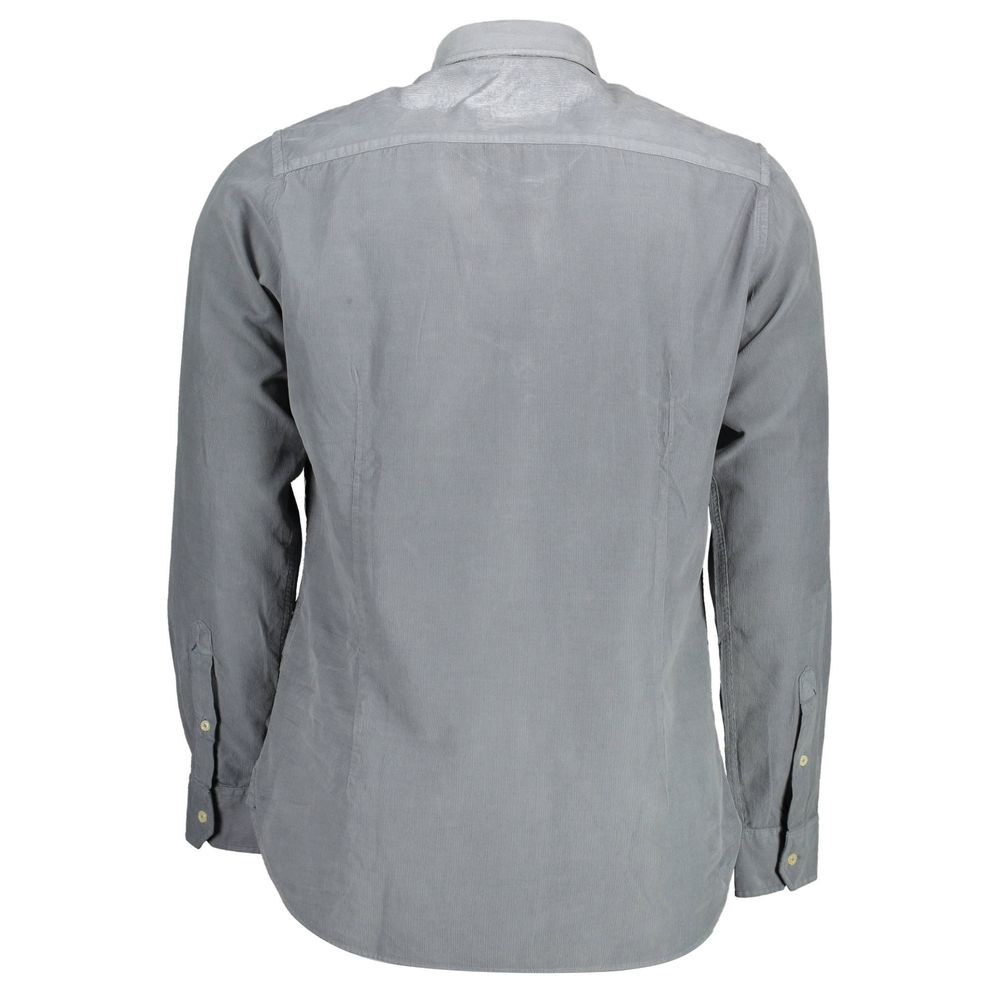 Back view of U.S. POLO ASSN. Blue Cotton Men Shirt with long sleeves and French collar, showcasing slim fit and single-button cuffs.