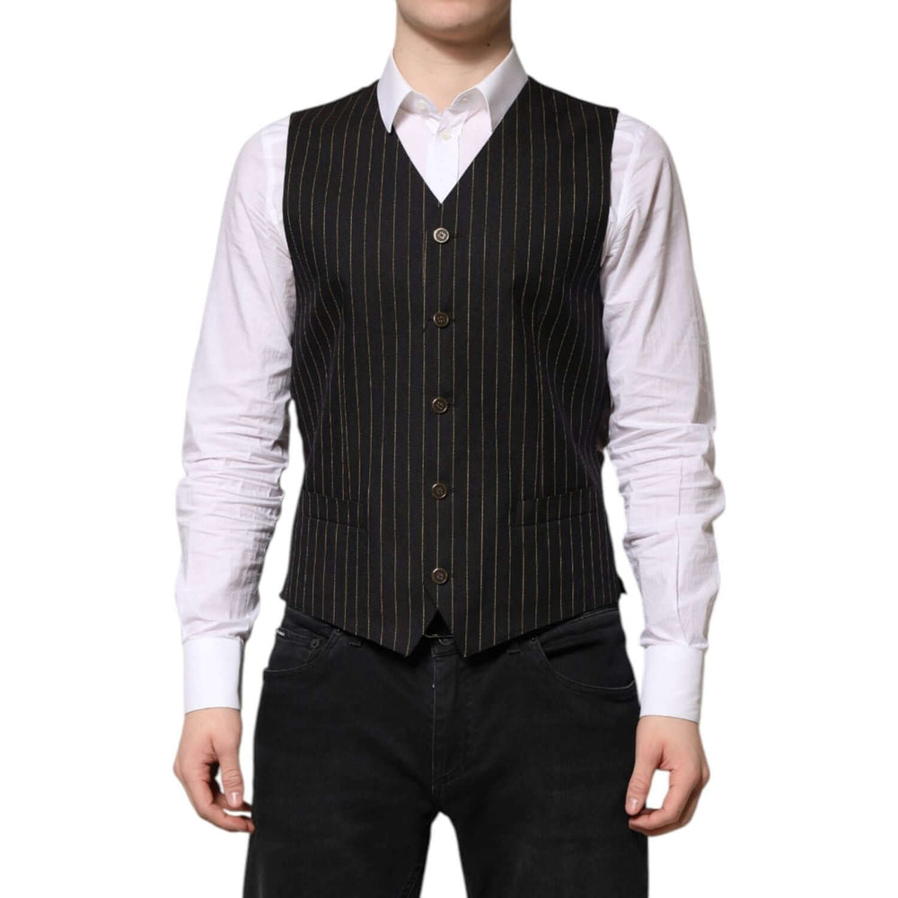 Dolce & Gabbana Black Stripes Wool Formal Men Waistcoat Vest