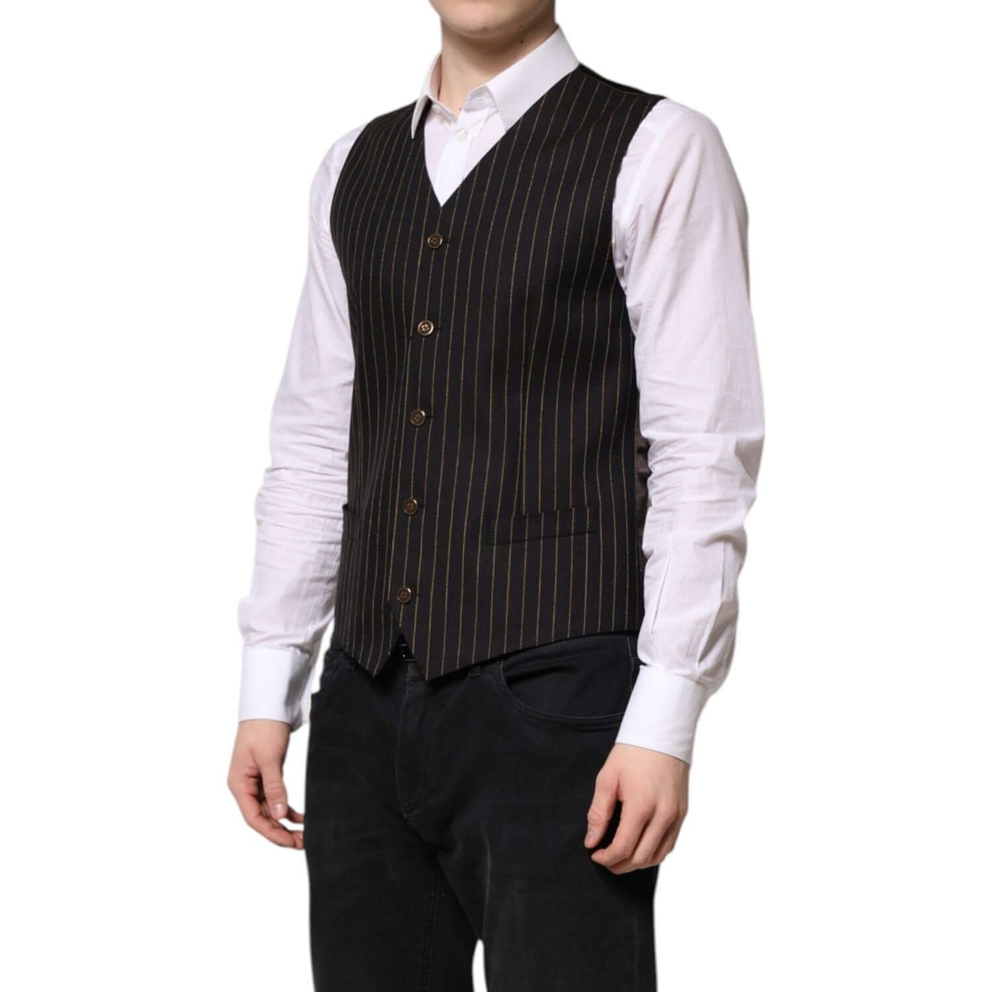 Dolce & Gabbana Black Stripes Wool Formal Men Waistcoat Vest