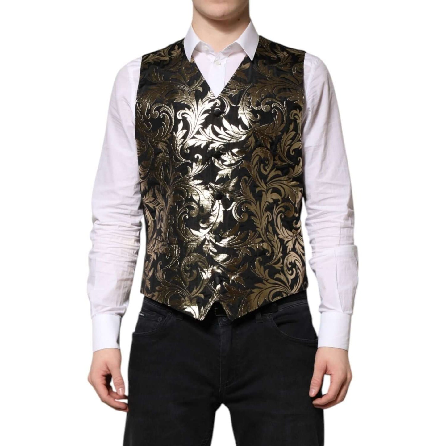 Dolce & Gabbana Black Gold Jacquard Formal Men Waistcoat Vest TSH90463-50