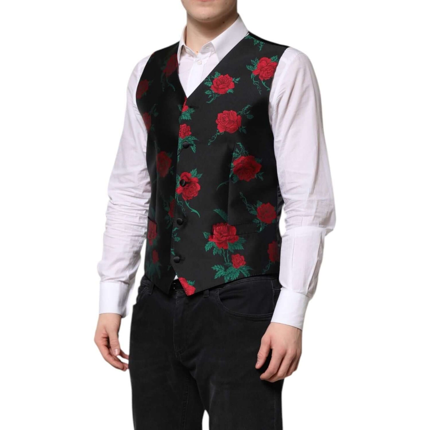 Dolce & Gabbana Red Floral Brocade Formal Men Waistcoat Vest