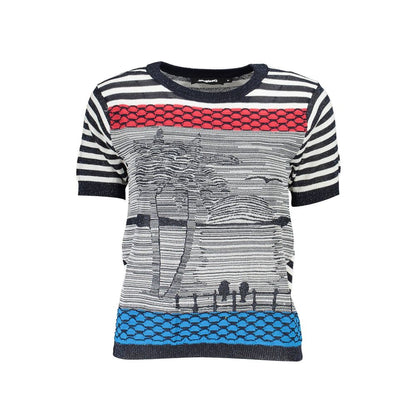 Desigual Blue Cotton Women Sweater with artistic stripe and contrasting color design, featuring short sleeves and vibrant details