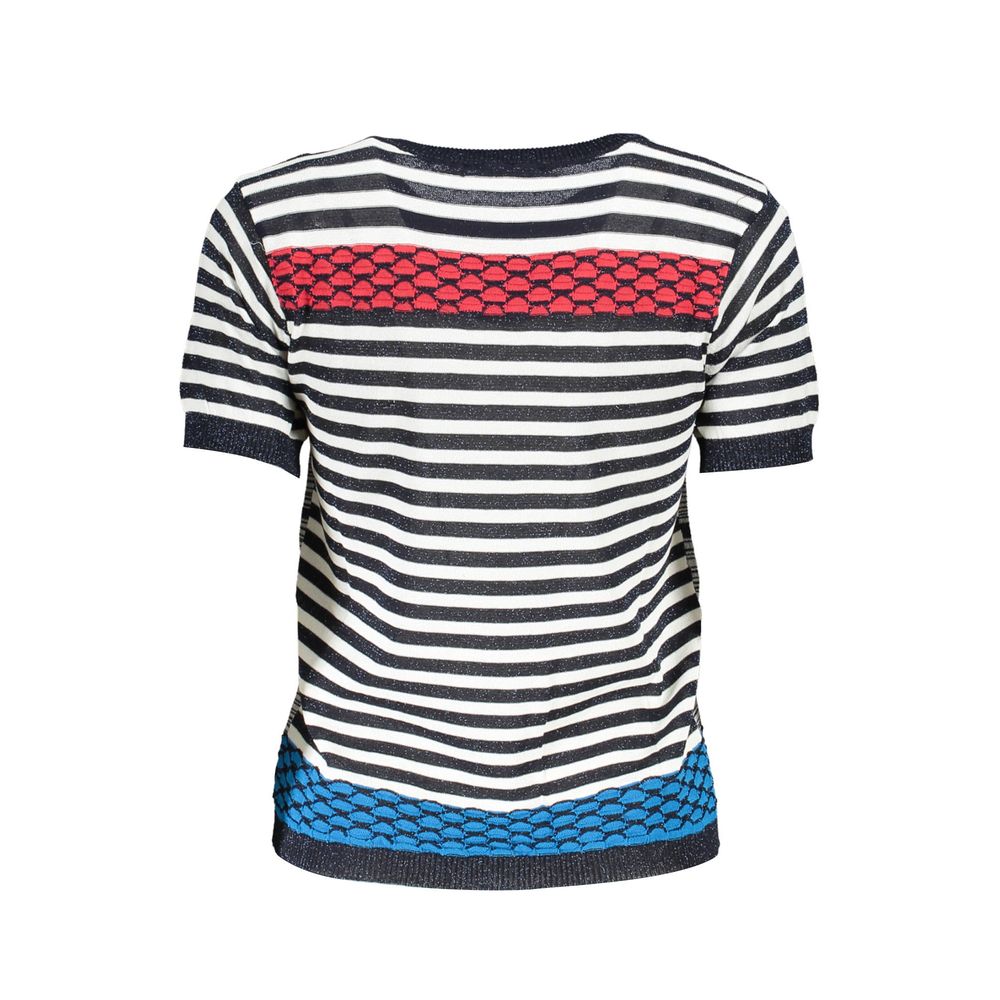 Desigual Blue Cotton Women Sweater with bold stripe design and vibrant colors on a short-sleeved t-shirt backdrop.