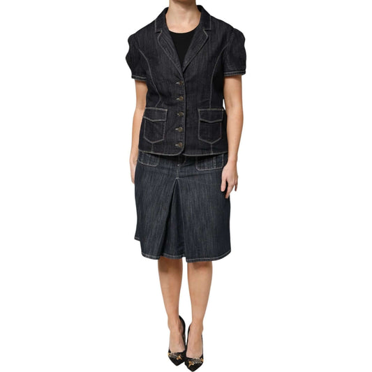 Escada Black Cotton Blend Denim Top Skirt Casual Set