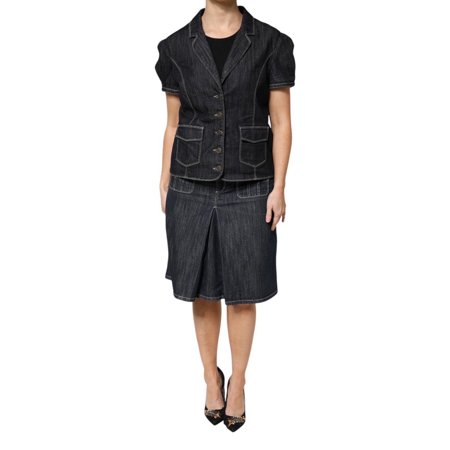 Escada Black Cotton Blend Denim Top Skirt Casual Set