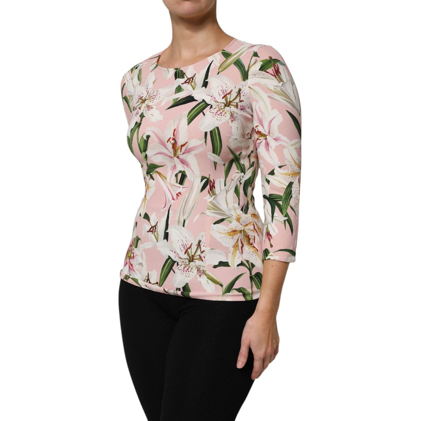Dolce & Gabbana Pink Lily Print Viscose Round Neck Blouse Top