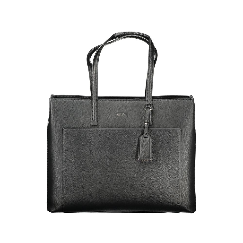 Calvin Klein Black Polyethylene Women Handbag with contrasting accents, two compartments, central pocket, and secure zip and magnet closures.