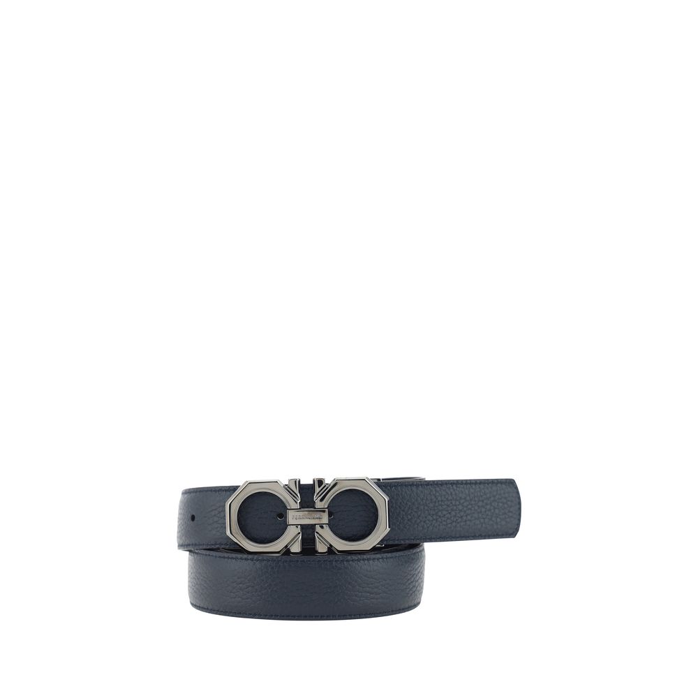 Ferragamo Reversible Belt with Gancini logo buckle, double-face leather design, perfect for casual or formal outfits.