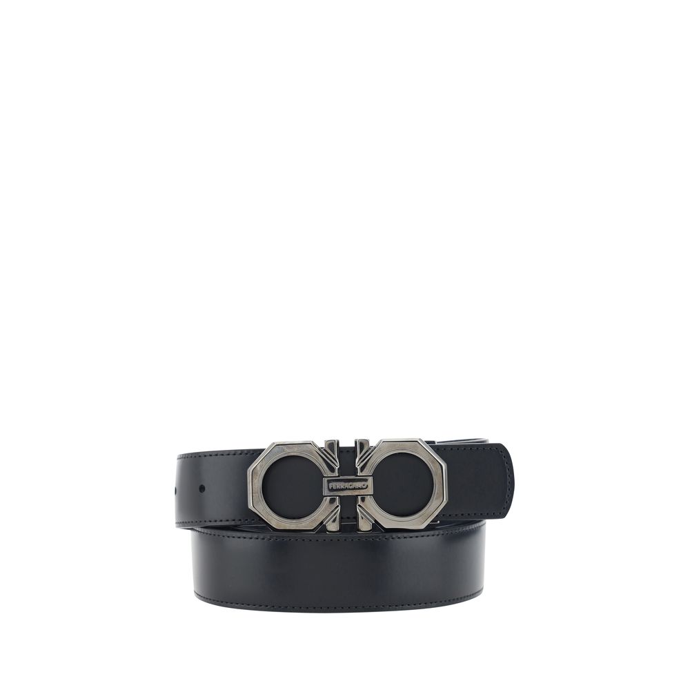 Ferragamo Reversible Belt with Gancini logo buckle, showcasing a double-face leather design in black and metal details, AW25 collection.