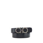 Ferragamo Reversible Belt with Gancini logo buckle, showcasing a double-face leather design in black and metal details, AW25 collection.