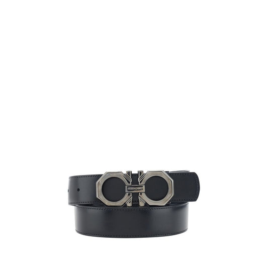 Ferragamo Reversible Belt with Gancini logo buckle, showcasing a double-face leather design in black and metal details, AW25 collection.