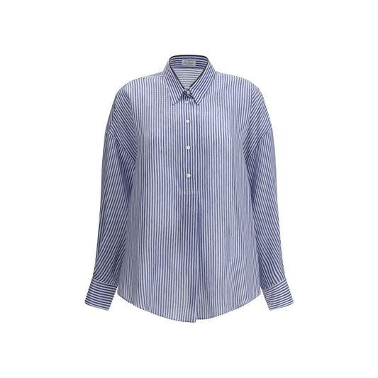 Brunello Cucinelli Striped Shirt with classic collar, mid-bust button closure, semi-transparent linen-silk blend, elegant design for SS25.