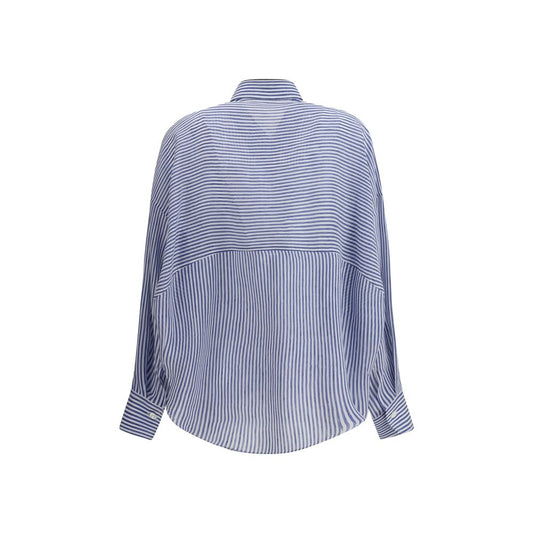 Brunello Cucinelli Striped Shirt, back view, featuring classic collar and lightweight semi-transparent design, SS25 collection.
