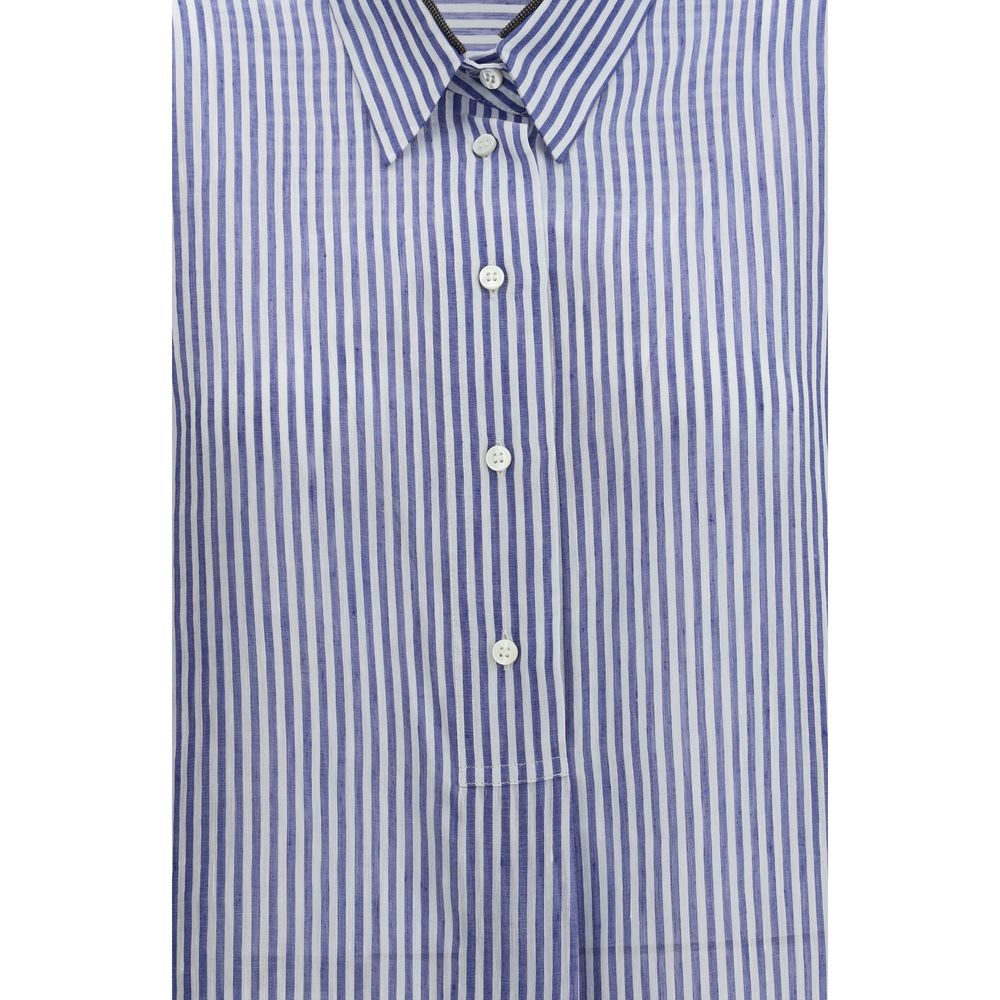 Brunello Cucinelli Striped Shirt - elegant, sophisticated linen-silk blend with classic collar, perfect for SS25 fashion.