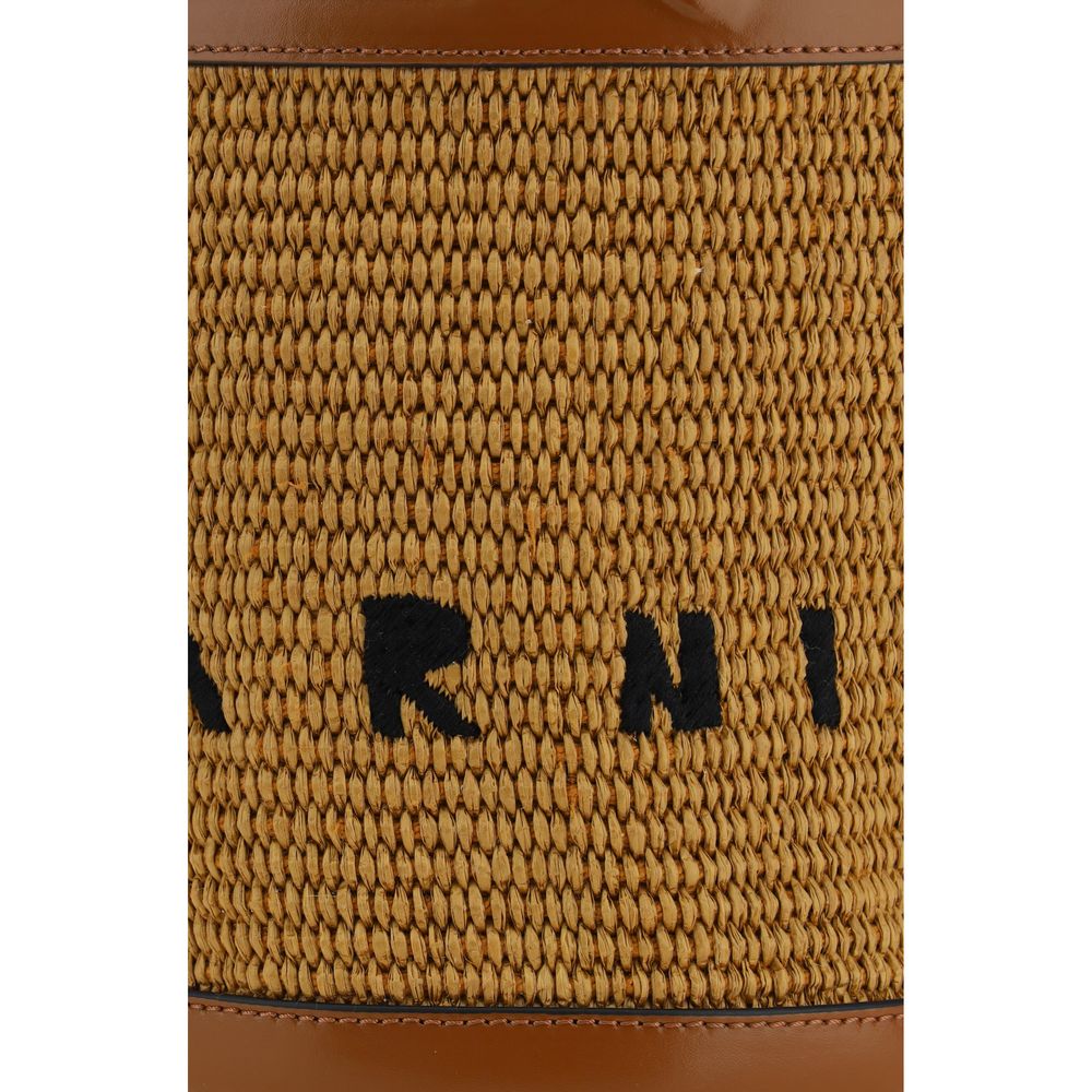 Close-up of the woven detail on Marni Tropicalia Bucket Bag with leather trim.