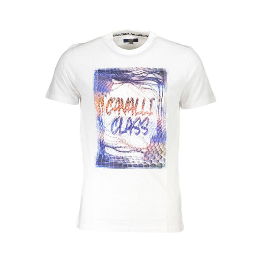Cavalli Class White Cotton Men T-Shirt with bold graphic print and logo, short-sleeve design, epitome of trendy chic fashion statement.
