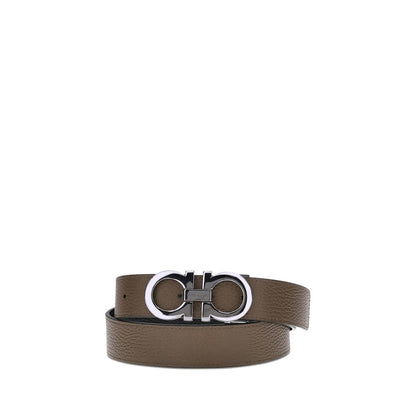 Ferragamo Brown Calf Leather Bos Taurus Regular Belt with Gancini buckle, reversible design.