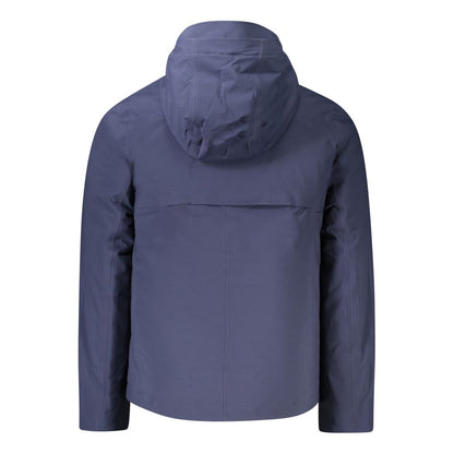 Back view of K-WAY Blue Polyester Men Jacket with hood, highlighting double padding and sleek design.