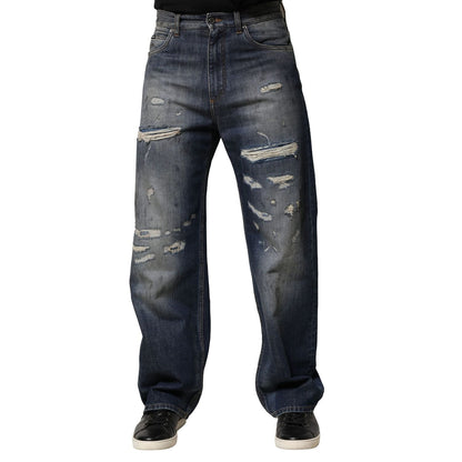 Dolce & Gabbana Blue Washed Tattered Cotton Men Jeans