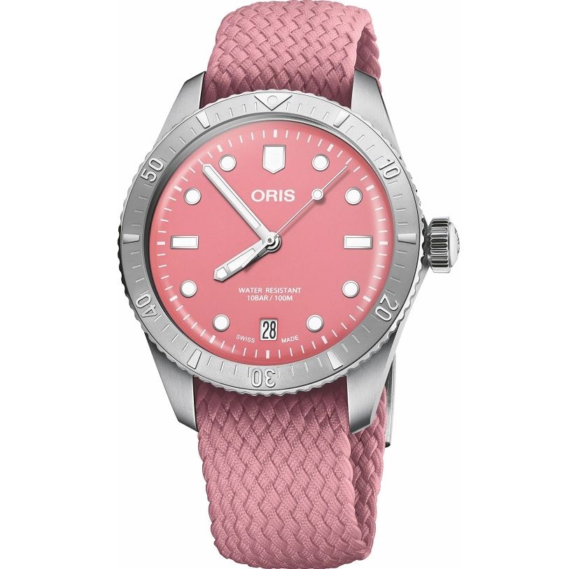 ORIS MOD. DIVERS SIXTY-FIVE ladies wristwatch, 38mm stainless steel case, pink fabric strap, water-resistant 10 ATM, sapphire dial.