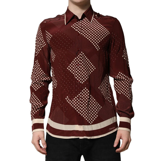 Dolce & Gabbana Maroon Dotted Silk Long Sleeve Casual Shirt