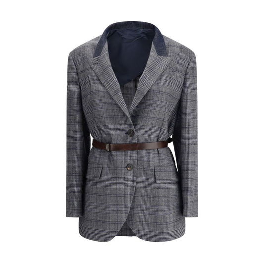 Brunello Cucinelli Gray Fleece Wool Blazer with Prince of Wales pattern, peaked lapels, and denim collar detail