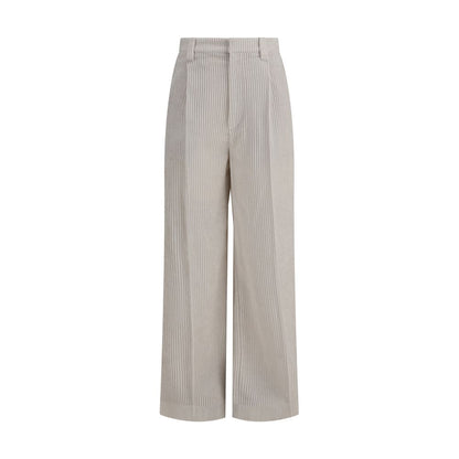 Brunello Cucinelli White Viscose Casual Pants with wide leg and tailored design, featuring zip-and-button closure and side pockets.