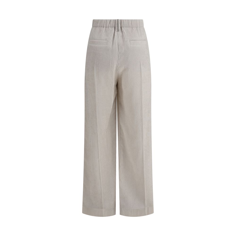 Brunello Cucinelli White Viscose Casual Pants with wide legs and pockets, elegant corduroy fabric for a stylish AW25 season look.