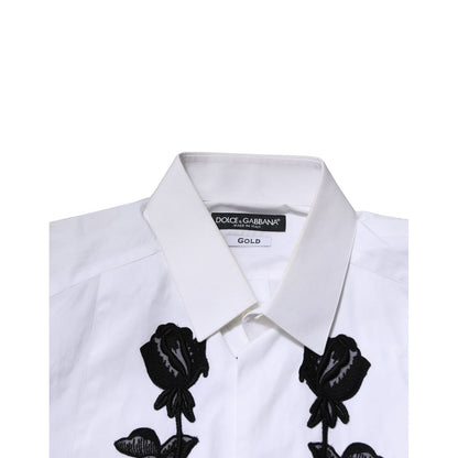 Dolce & Gabbana White Floral Embroidery Men GOLD Formal Shirt