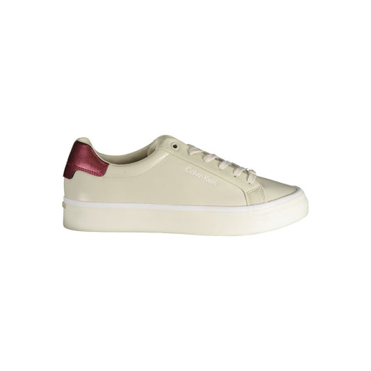 Calvin Klein Beige Polyester Sneaker with laces, contrast details displaying logo print, side view.