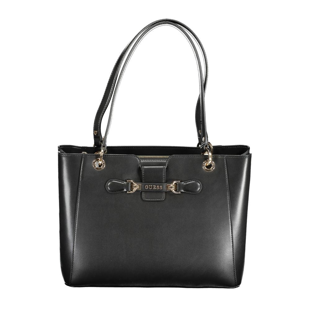 Alt Tag: Guess Jeans Black Polyethylene Handbag with two handles, two compartments, internal pocket, and protective feet.