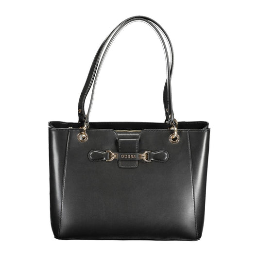 Alt Tag: Guess Jeans Black Polyethylene Handbag with two handles, two compartments, internal pocket, and protective feet.