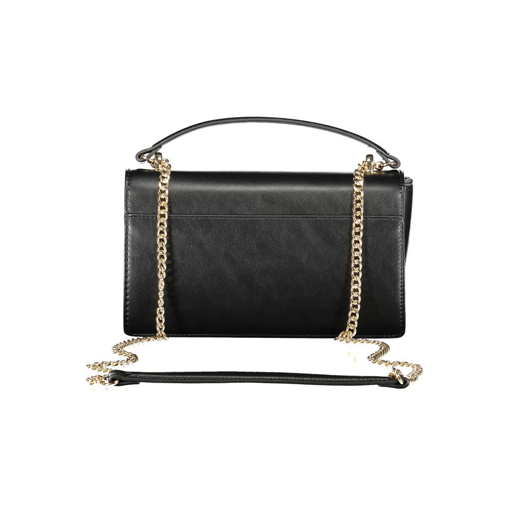Mario Valentino Black Polyethylene Women Handbag with gold chain and handle on a white background.