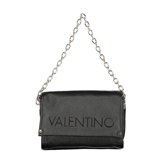 Mario Valentino Black Polyethylene Handbag with chain shoulder handle, adjustable straps, internal pockets, logo, and recycled materials.
