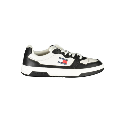 Tommy Hilfiger Black Leather Men Sneaker with white accents and logo, showcasing sporty elegance and brand prestige.