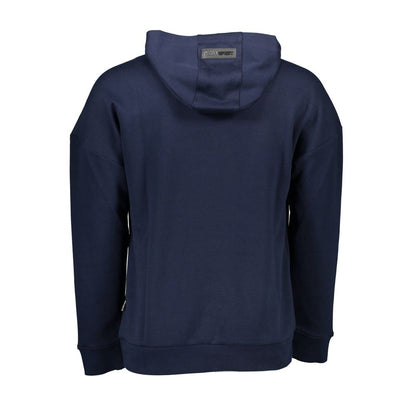Plein Sport Blue Cotton Men Sweater back view displaying hoodie and logo detail, combining comfort and urban style.