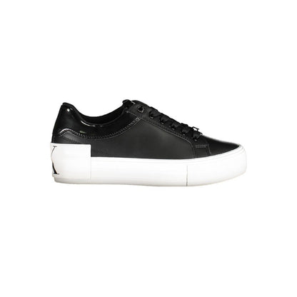 Calvin Klein Black Polyester Sneaker with 3 cm platform, laces, logo, contrasting details, and 50% recycled polyester material.