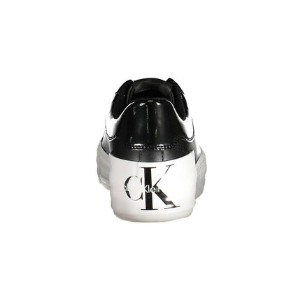Rear view of Calvin Klein Black Polyester Sneaker with logo and platform, featuring contrasting details and recycled materials.