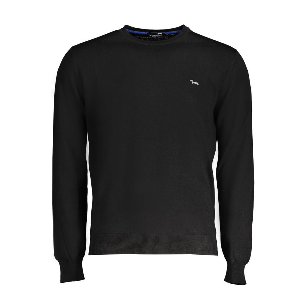 Harmont & Blaine Black Wool Sweater, long-sleeved crew neck with embroidery logo, perfect jersey material for stylish comfort.