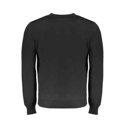 Harmont & Blaine Black Wool Sweater, long-sleeved crew neck with embroidery logo, back view of a stylish jersey shirt.