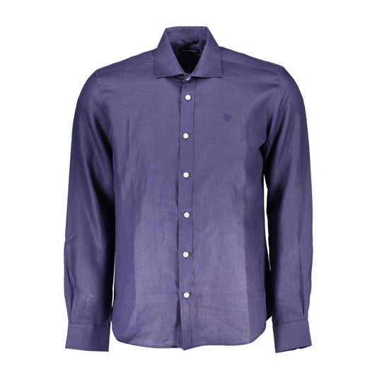 North Sails Blue Linen Men Shirt with Italian collar and embroidery logo, long sleeve, organic fiber, regular fit front view.