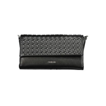 Calvin Klein Black Polyester Handbag with chain shoulder strap, internal card pocket, contrasting details, and magnet closure.