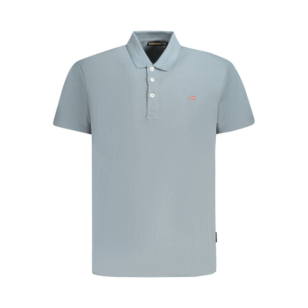Men's blue polo shirt with collar and button placket on a white background