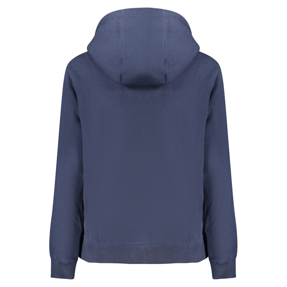 Back view of Tommy Hilfiger Blue Cotton Women Sweater with hood and long sleeves, featuring a sustainable 50% regenerative cotton blend.